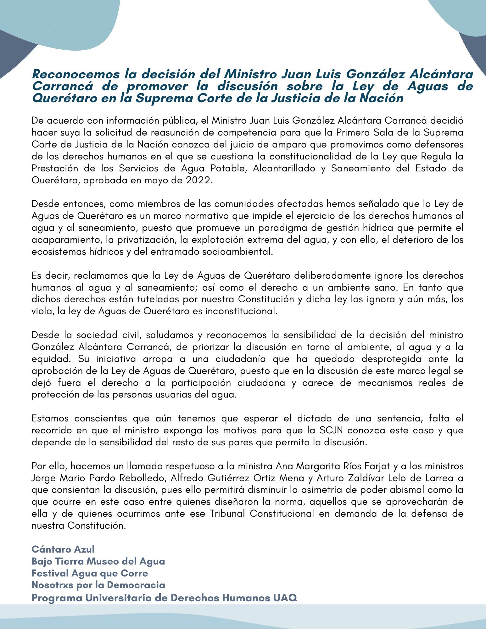 Comunicado sobre Ley de Aguas.