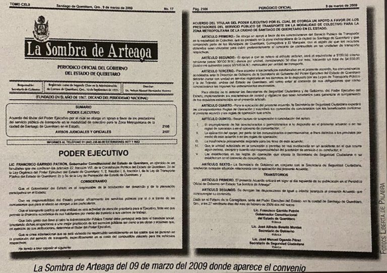 La Sombra de Arteaga, periódico del 09 de marzo del 2009, donde aparece el convenio.