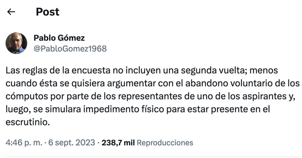 Tweet de Pablo Gómez sobre la encuesta de Morena.