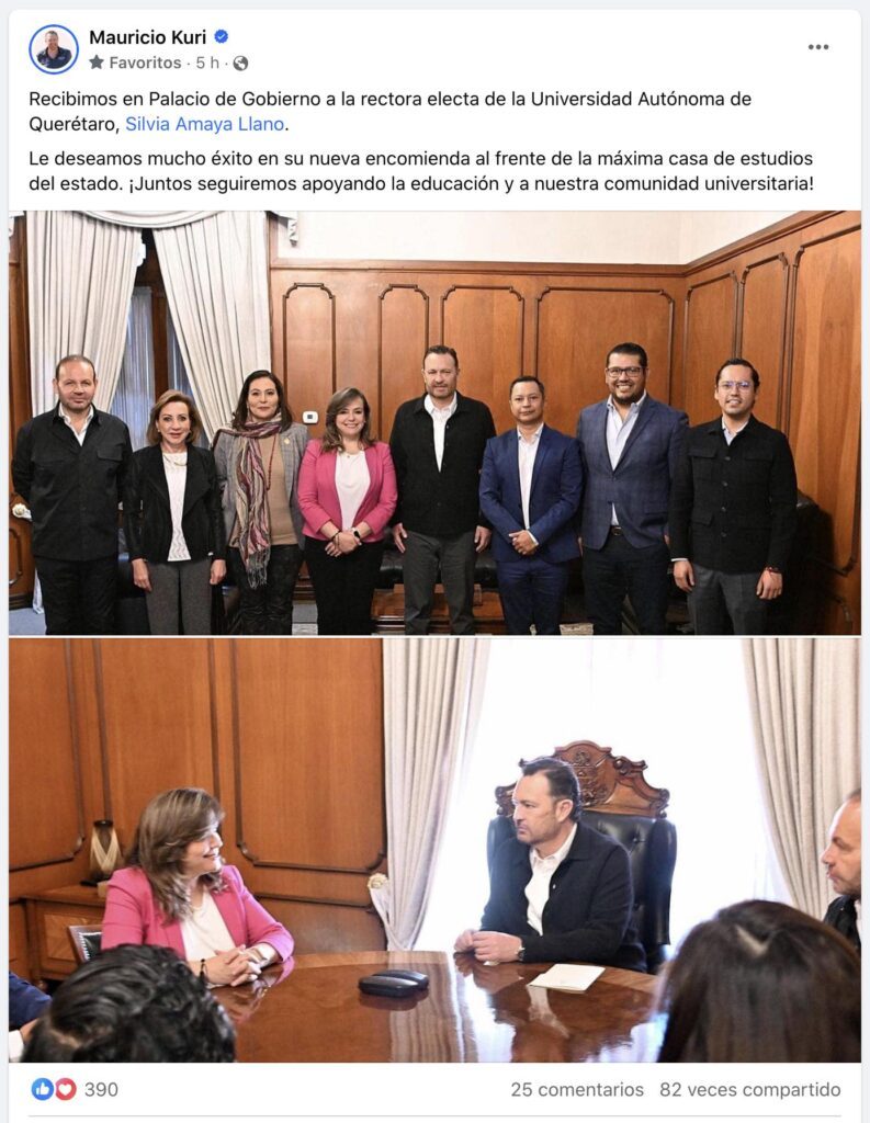 Captura Publicación Mauricio Kuri Reunión con la rectora electa de la UAQ.