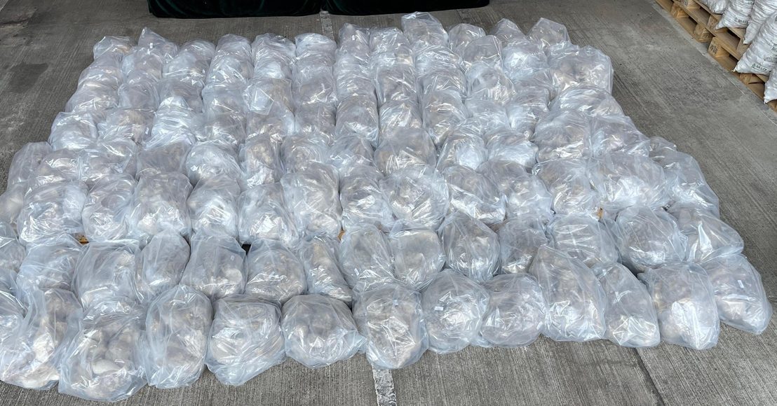 Cargamento de conchas con presunta droga, que fueron transportadas en sacos con los logos de Segalmex.
