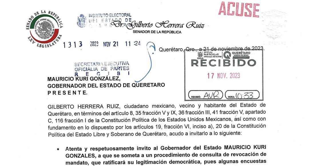 Invitan al gobernador de Querétaro a que se someta a la revocación de mandato