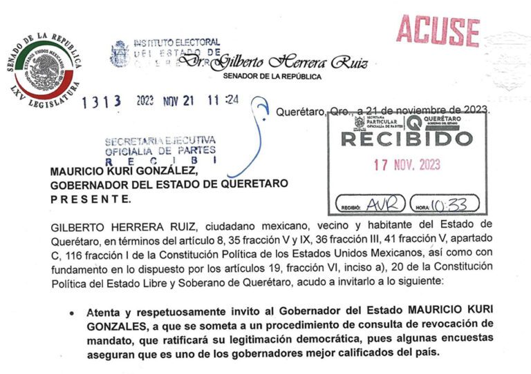 Oficio revocación de mandato dirigido al gobernador Mauricio Kuri González