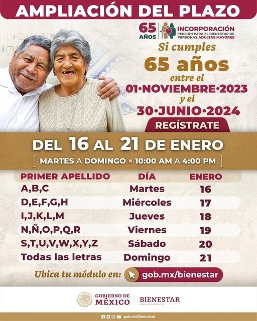 Secretaría de Bienestar informa que se amplía el plazo para la incorporación de personas adultas mayores.