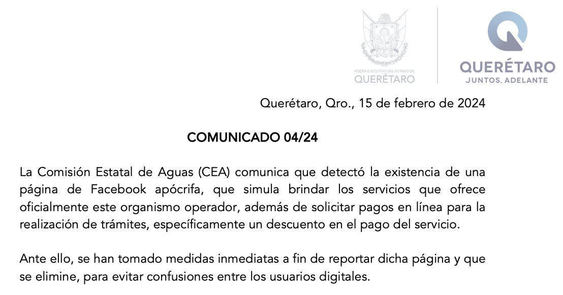 Alerta la CEA de página apócrifa que simula brindar servicios de agua en Querétaro