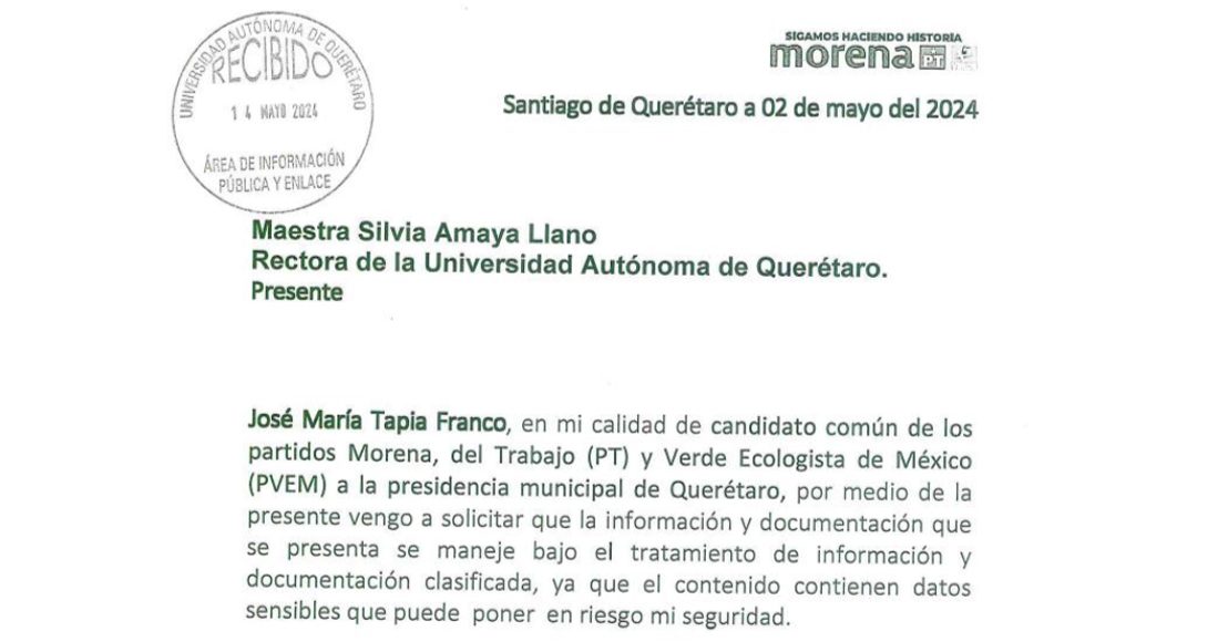 Oficio del candidato Chema Tapia en Querétaro.