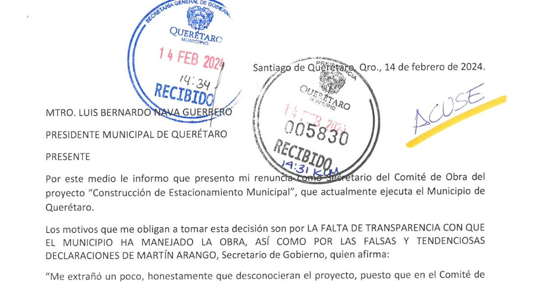 Oficio de renuncia secretario del Comité de Obra.