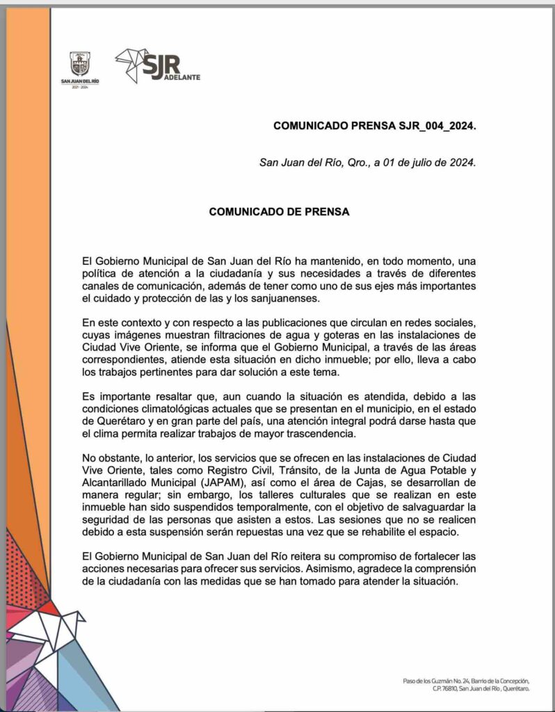 Comunicado Ciudad Vive Oriente San Juan del Río