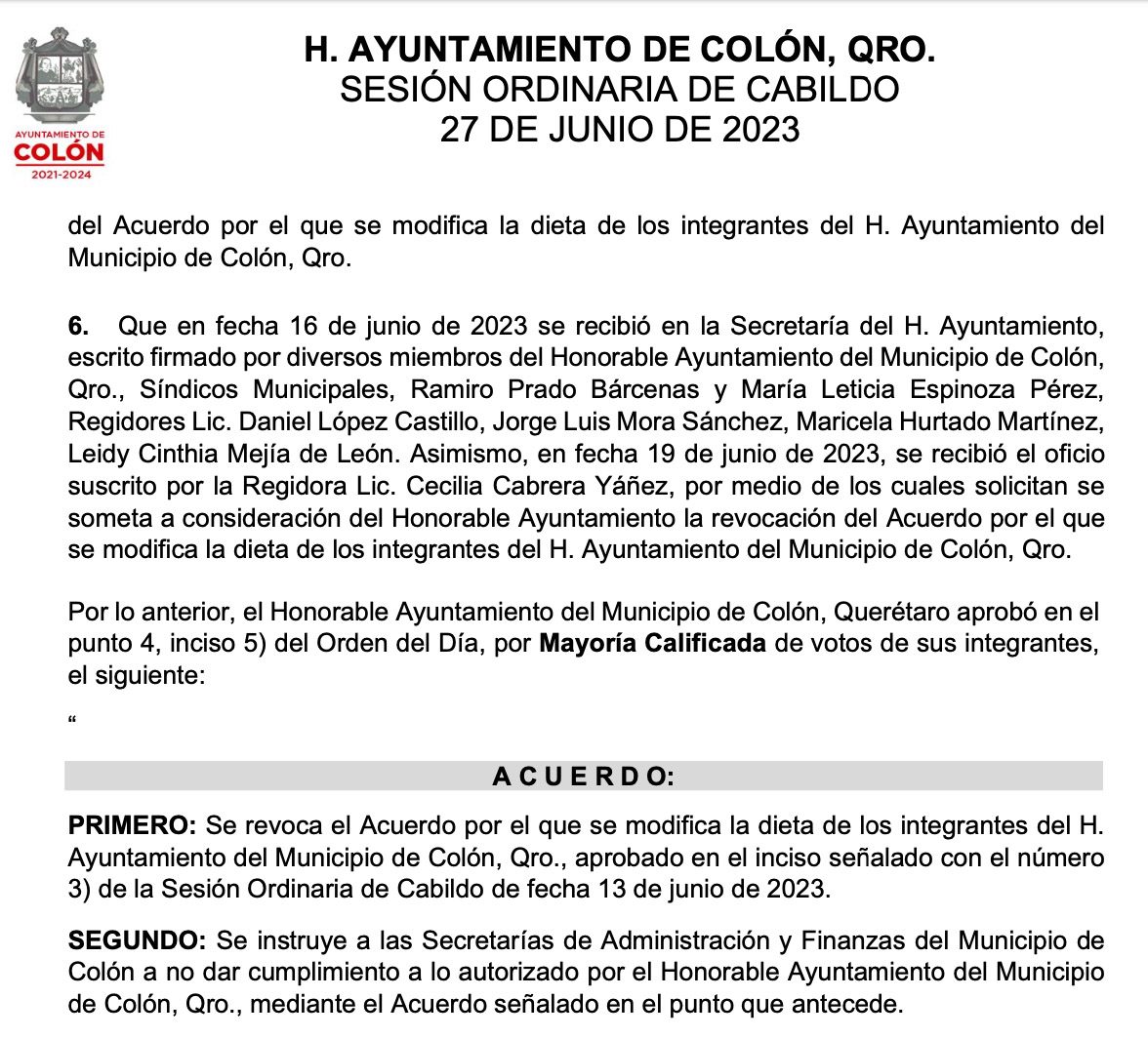 Acta Cabildo Colón Querétaro 27 de junio de 2023.