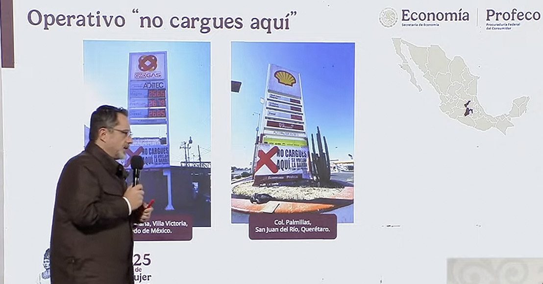 Lona Profeco No cargues aquí en gasolinera de Querétaro