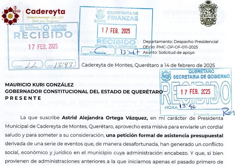 Oficio al gobernador presidenta municipal de Cadereyta Querétaro