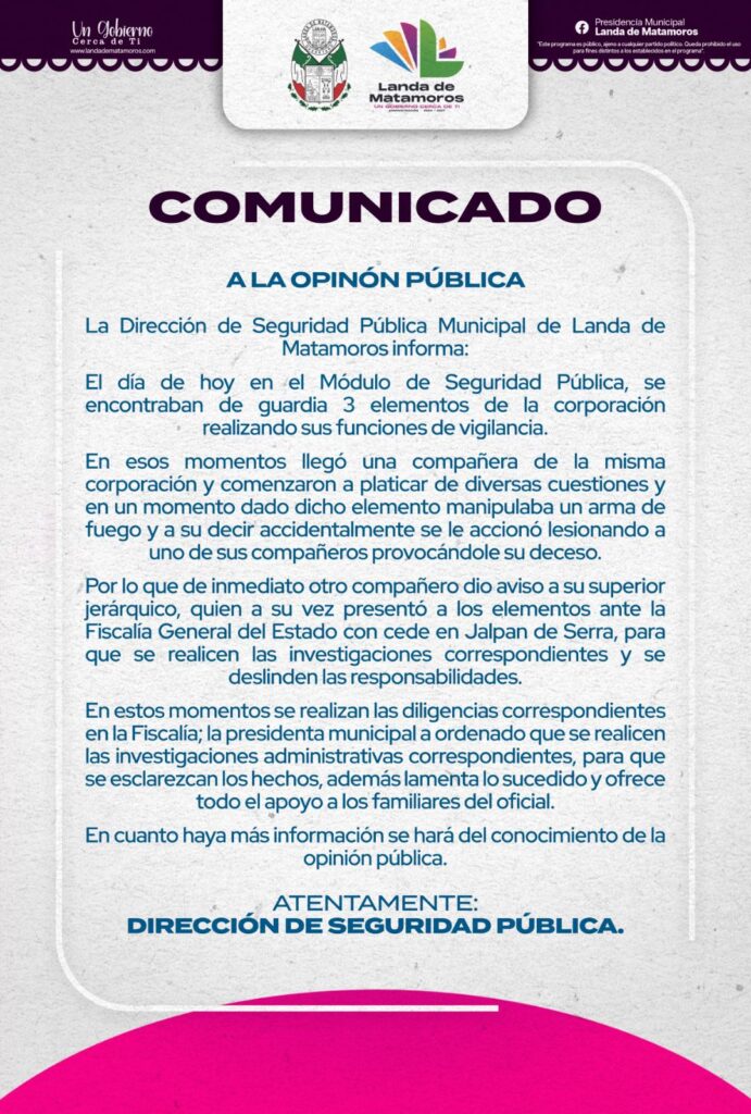 Comunicado compartido por la Presidencia Municipal de Landa de Matamoros