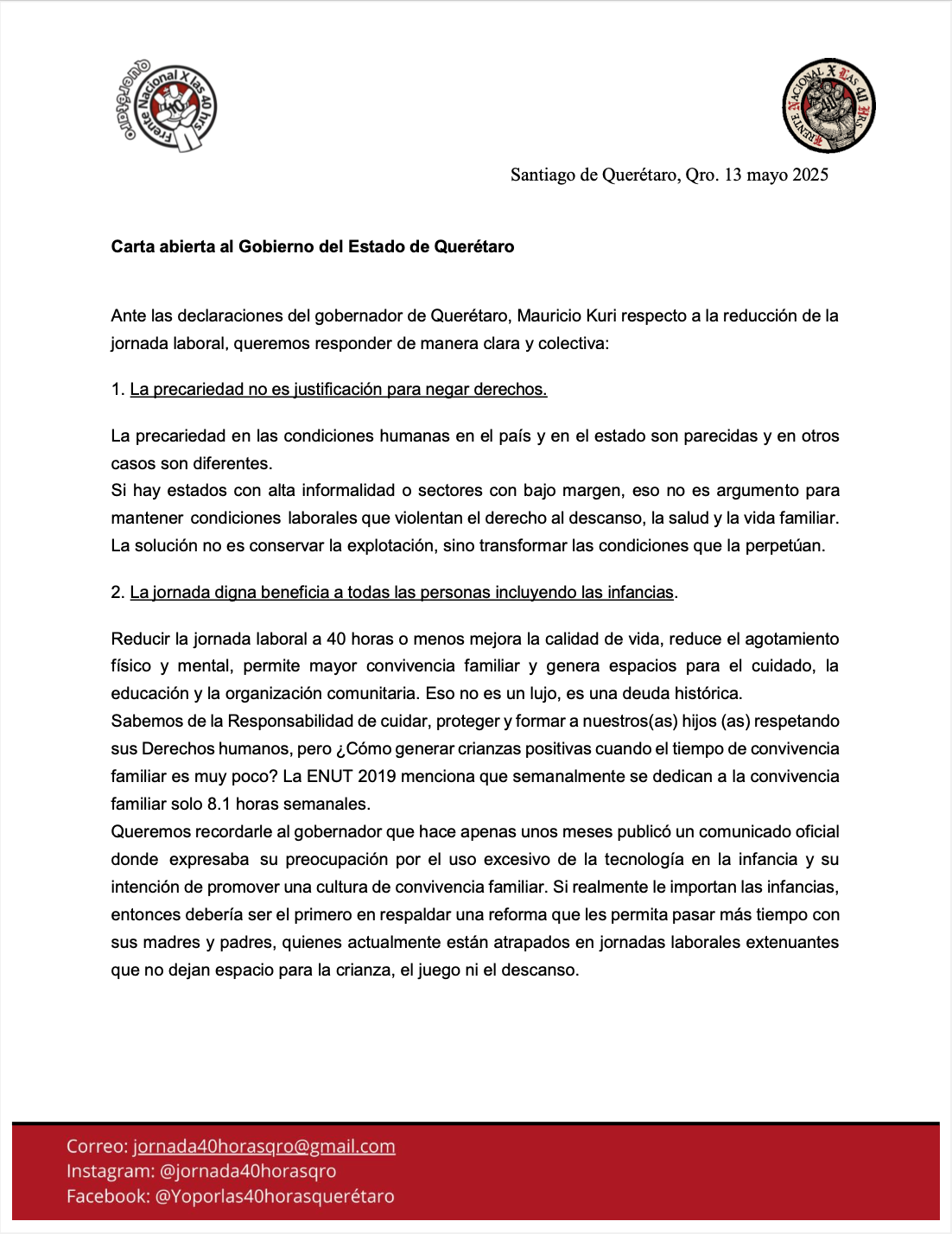 Página 1 de la carta del Frente por las 40 horas en Querétaro.