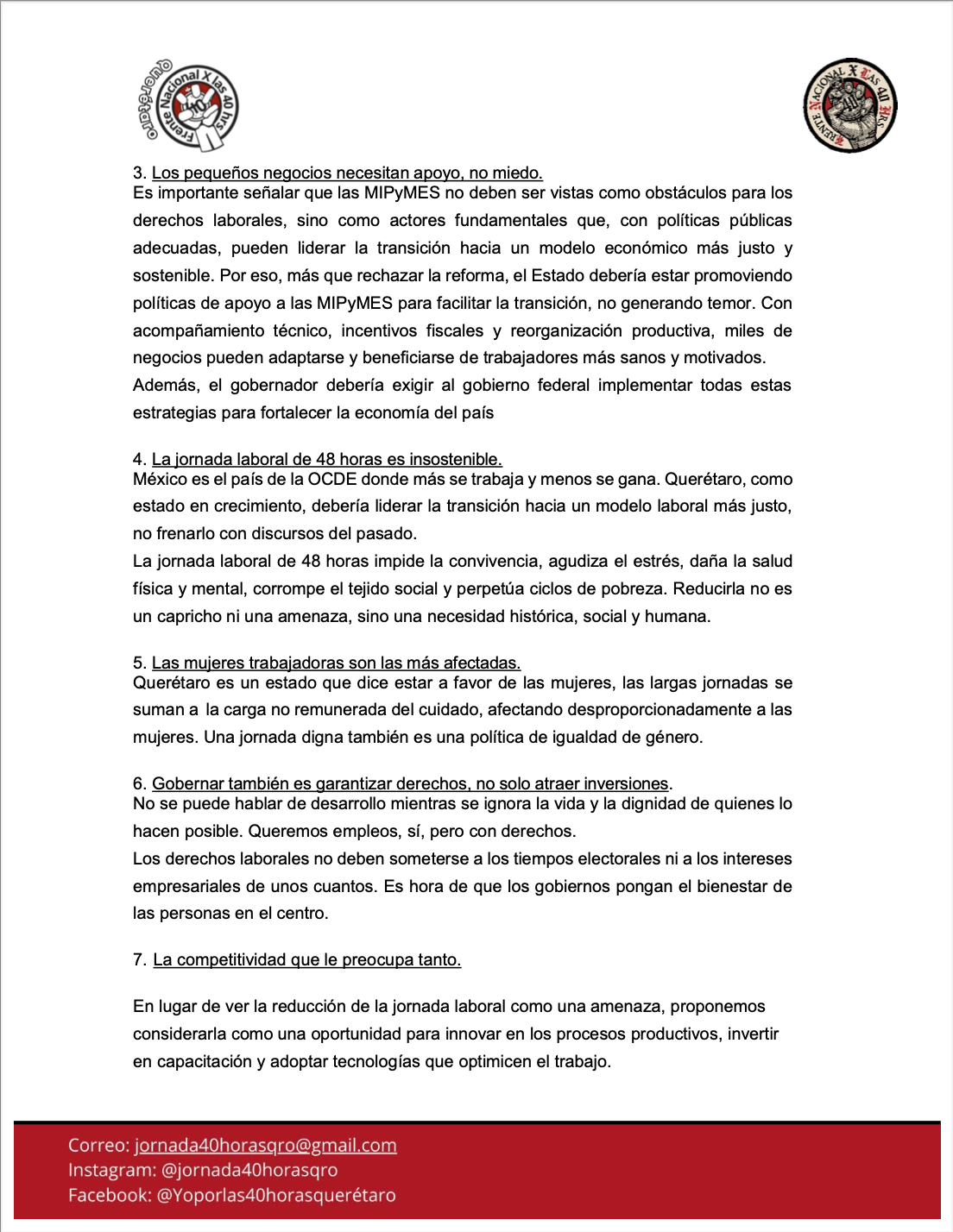 Página 2 de la carta del Frente por las 40 horas en Querétaro.