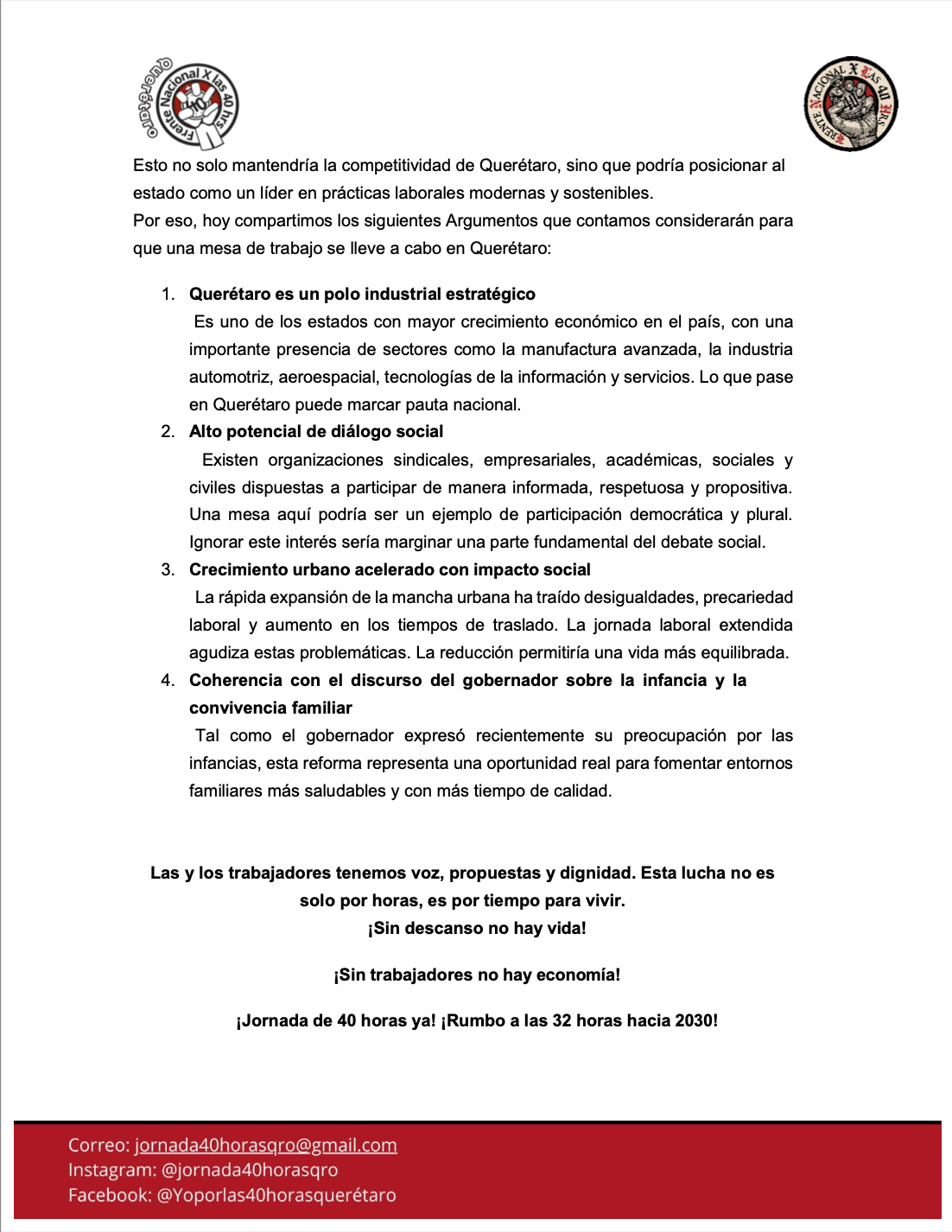 Página 3 de la carta del Frente por las 40 horas en Querétaro.