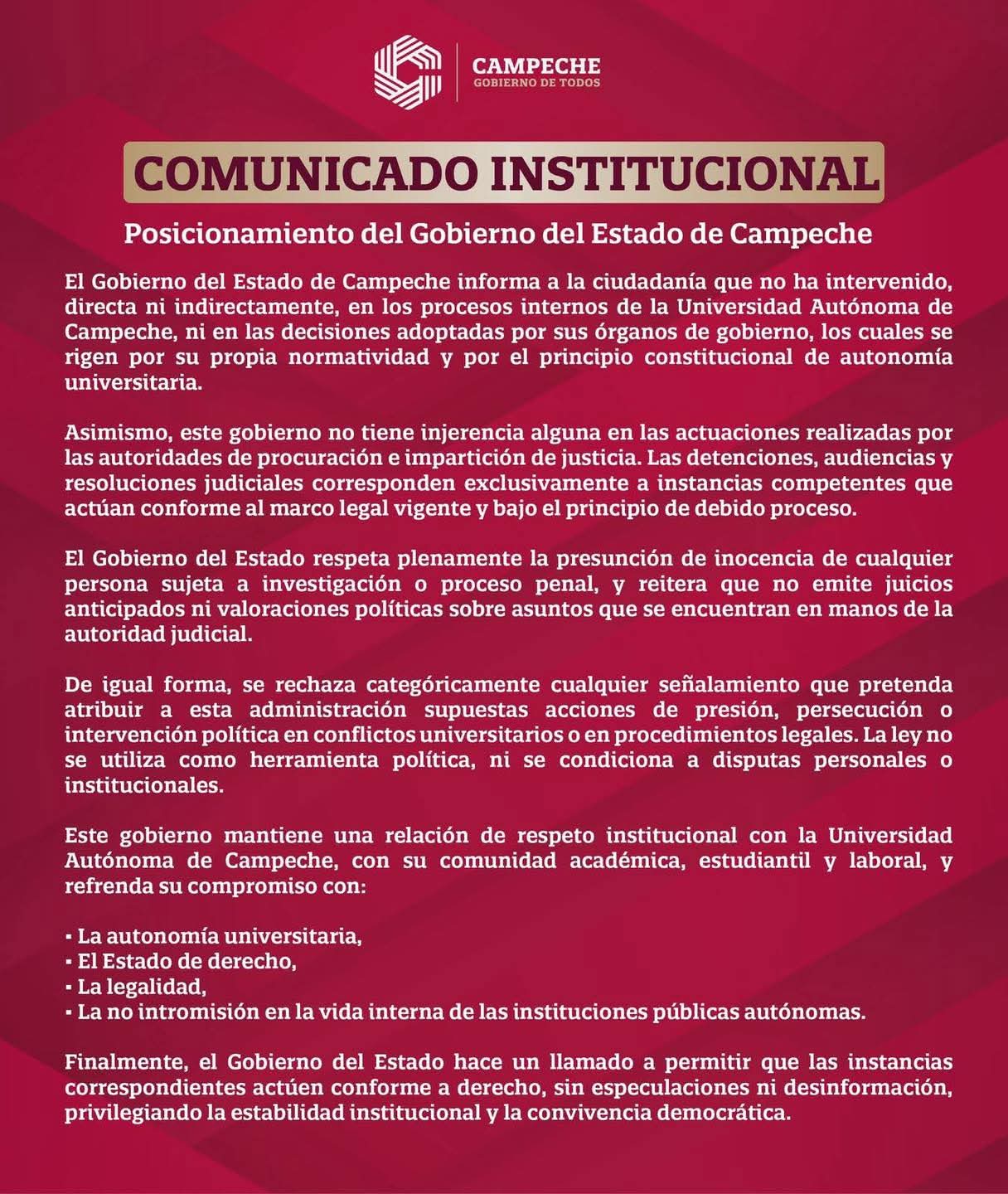 Comunicado del Gobierno de Campeche sobre el tema de la universidad