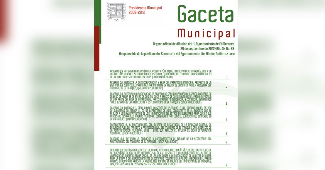 El Marqués Portada de la Gaceta Municipal 83 de 2012