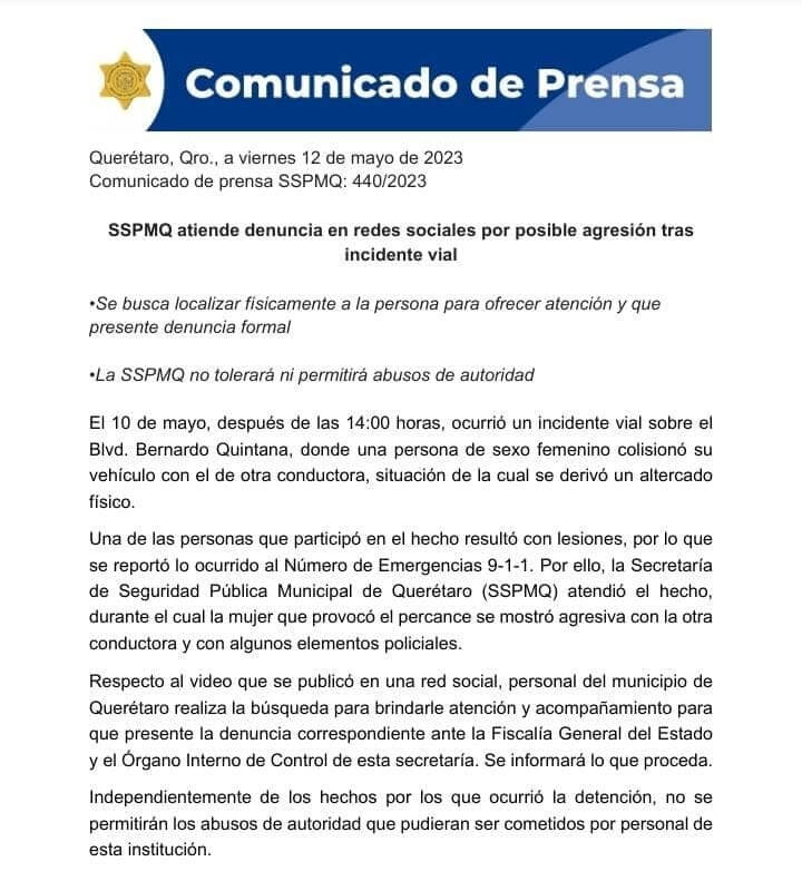 Comunicado de prensa SSPM Querétaro