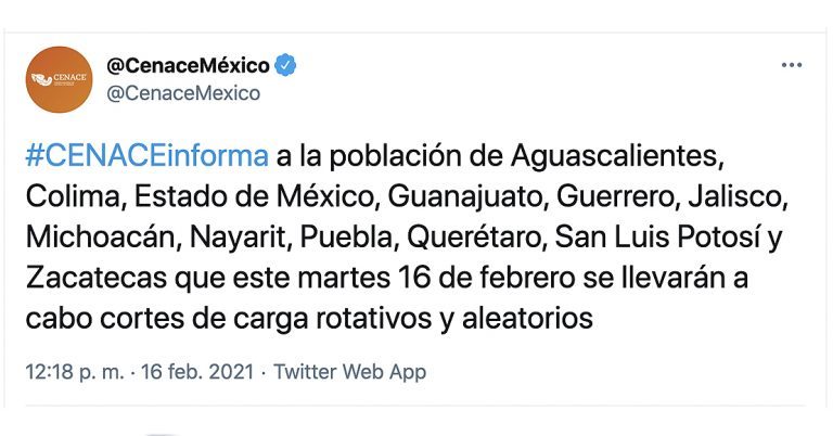 Anuncia Centro de Control de Energía cortes de carga en 12 entidades del país
