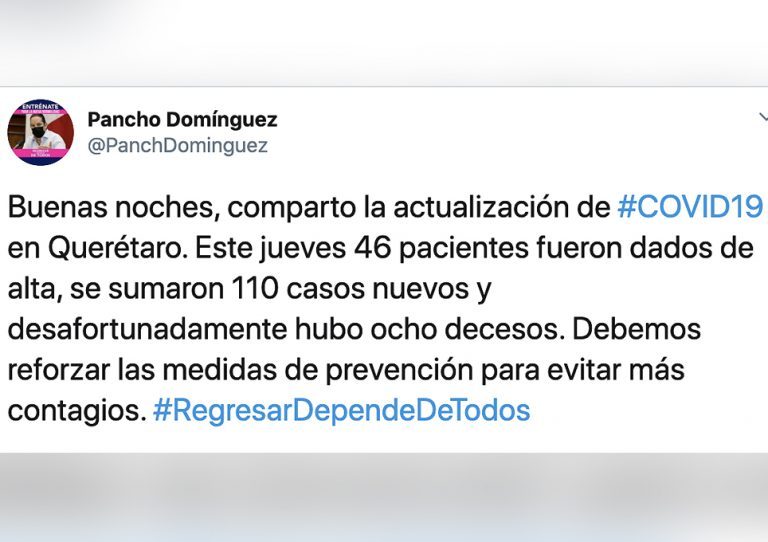 Querétaro: Reporta gobernador 110 casos de Covid-19 en 1 día